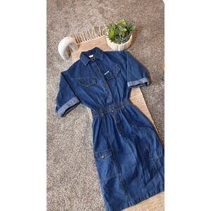 Vintage Ideas Denim Midi Dress Elastic Waist Button Front Blue Cotton Womens
